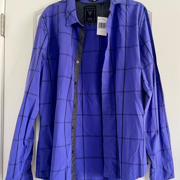 GUESS Men’s Purple w/Black Criss Cross Pattern Button Down Long Sleeve Shirt-L - Picture 4 of 8